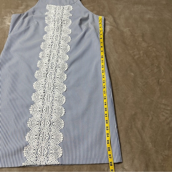 London Times Seersucker Racerback Sundress Blue White Stripes Crochet Size 10 - Picture 11 of 12